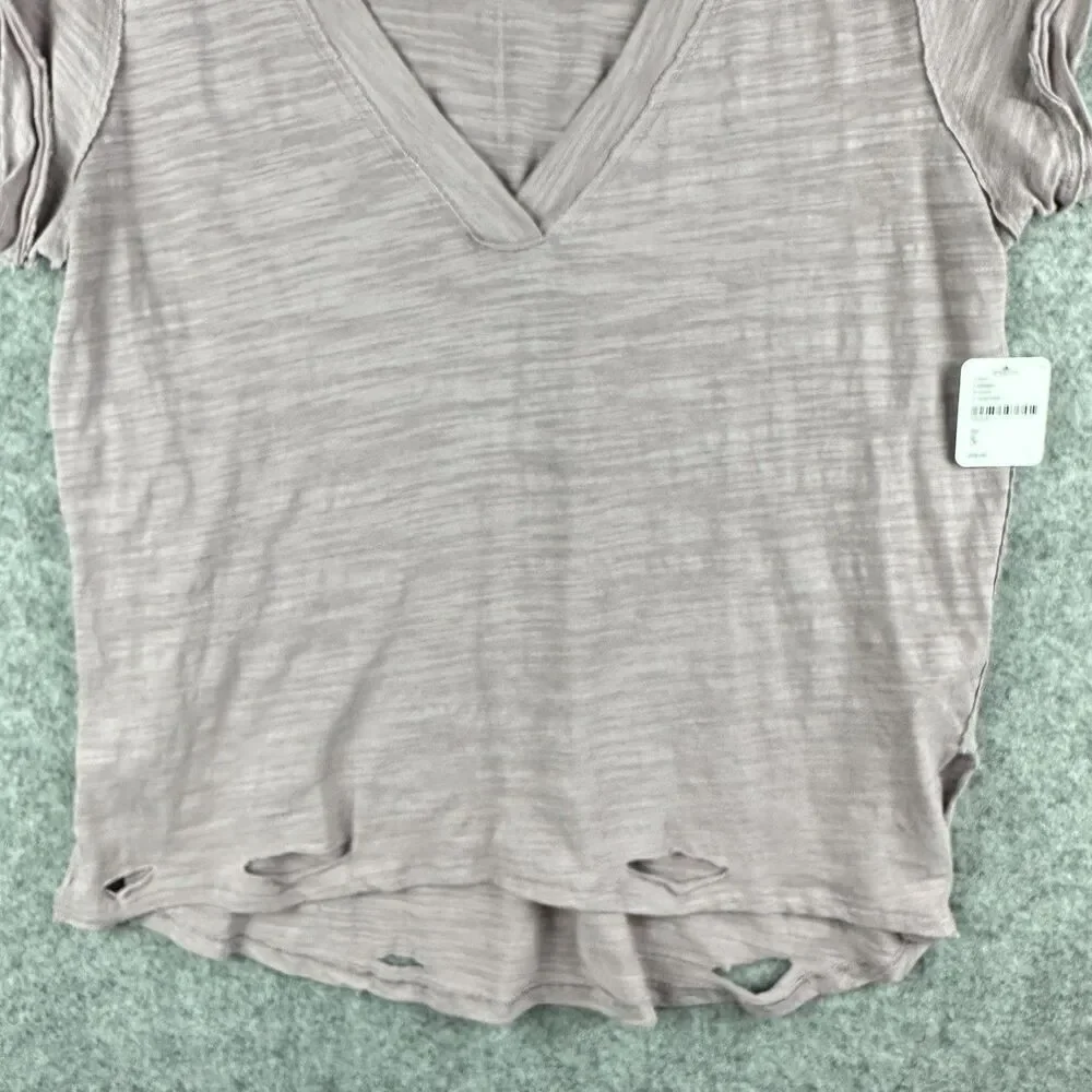 We The Free People Sundance Slub Tee Womens S Lilac Distressed Boho VNeck NEW